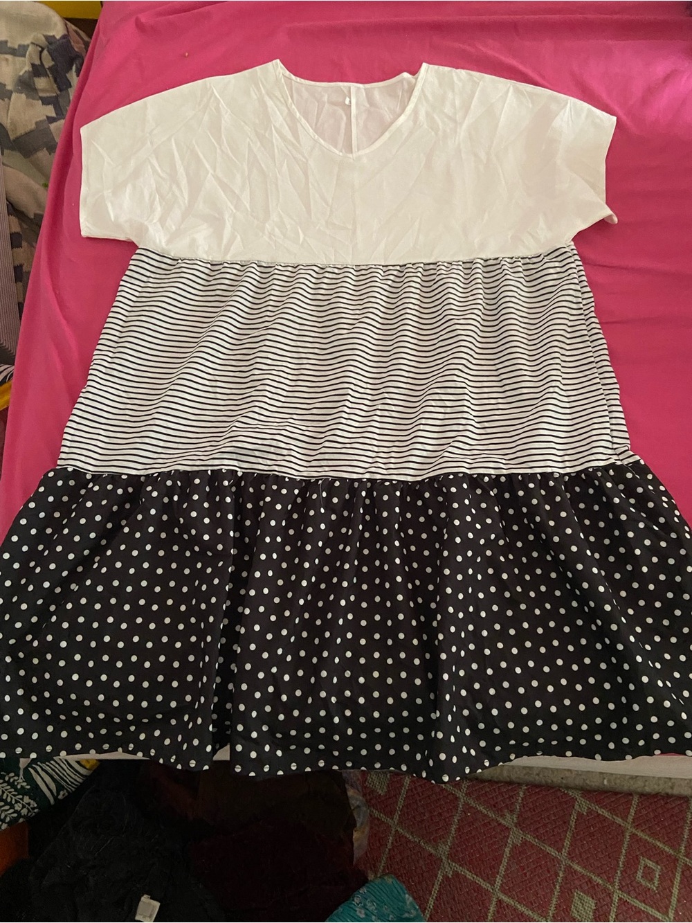 Atsuko Okatsuka Style Striped and Polka Dot Black & White Midi Dress